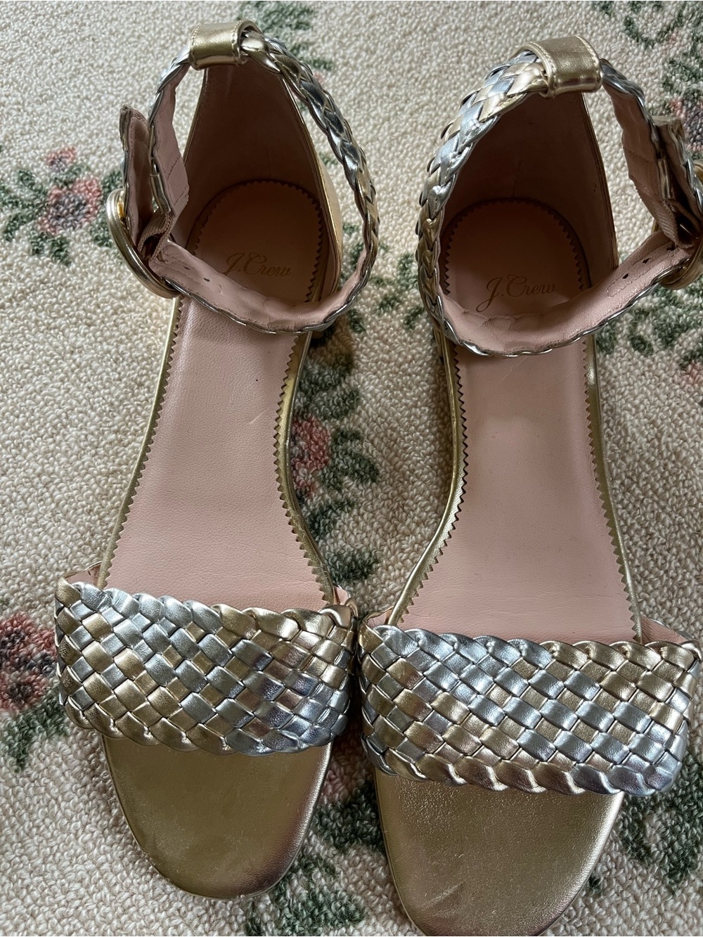J. Crew Metallic Gold and Silver Braided Ankle-Strap Sandals